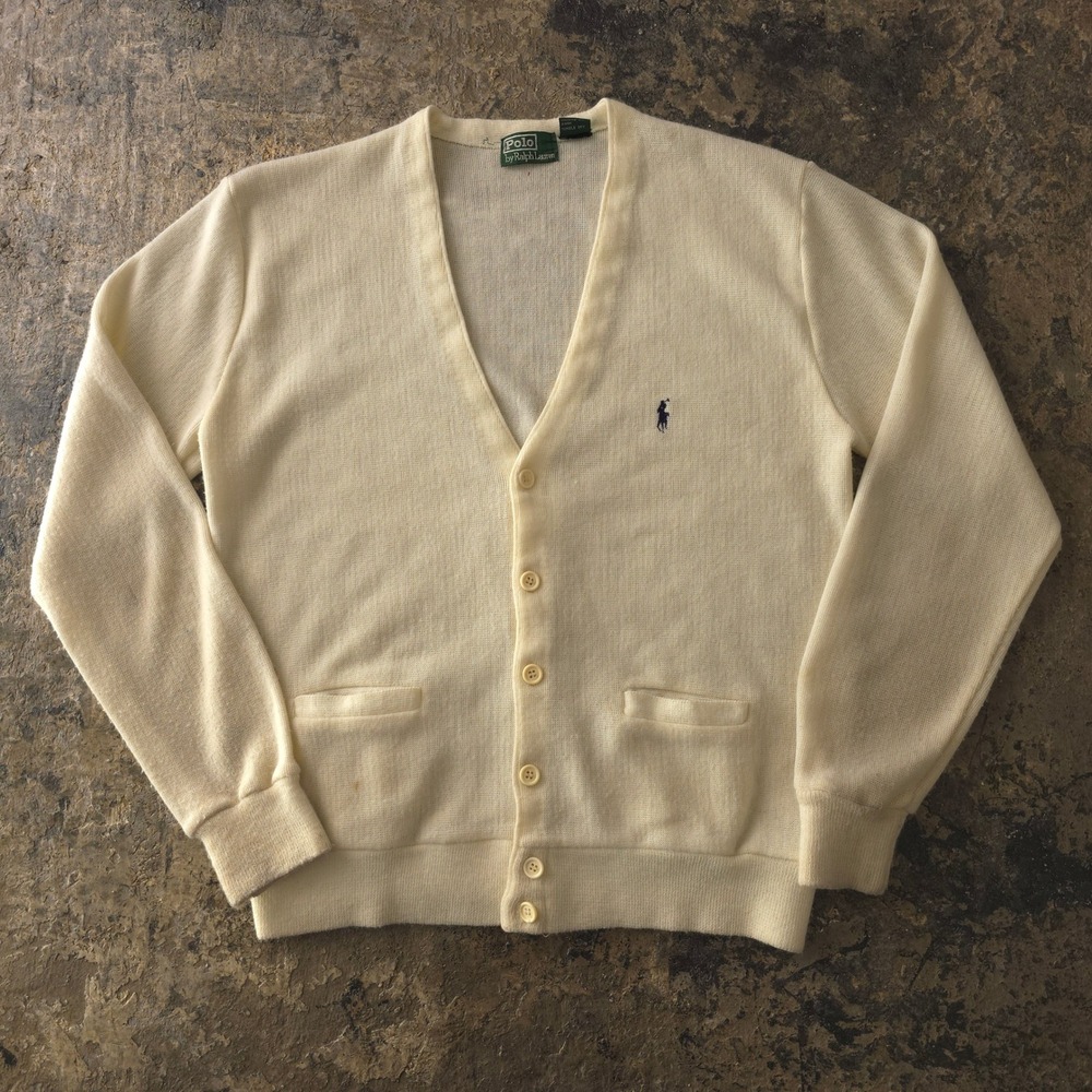 Vintage 1980s Polo Ralph Lauren Cream Cardigan XL Wool Blend V-Neck